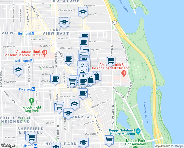 map of restaurants, bars, coffee shops, grocery stores, and more near 555 West Surf Street in Chicago