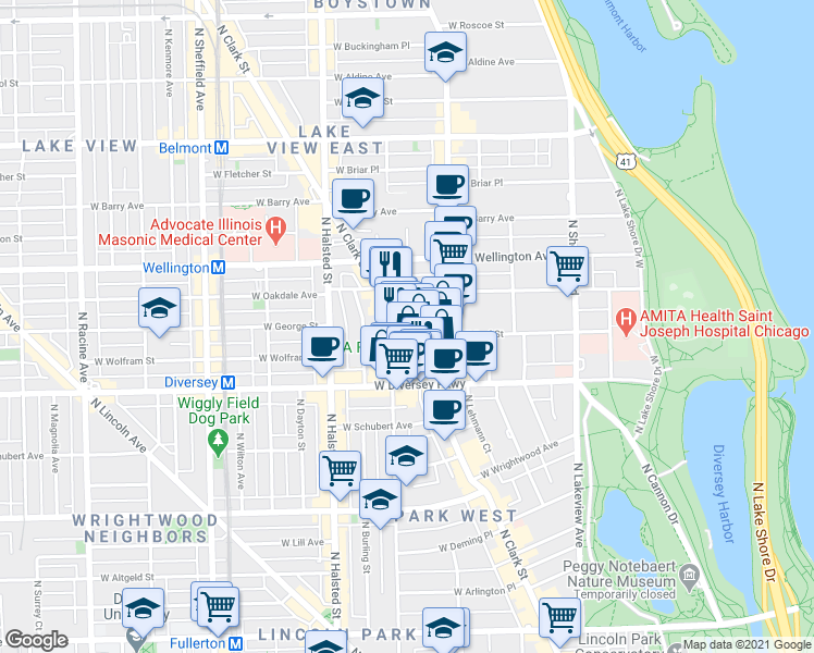 map of restaurants, bars, coffee shops, grocery stores, and more near 2848 North Orchard Street in Chicago