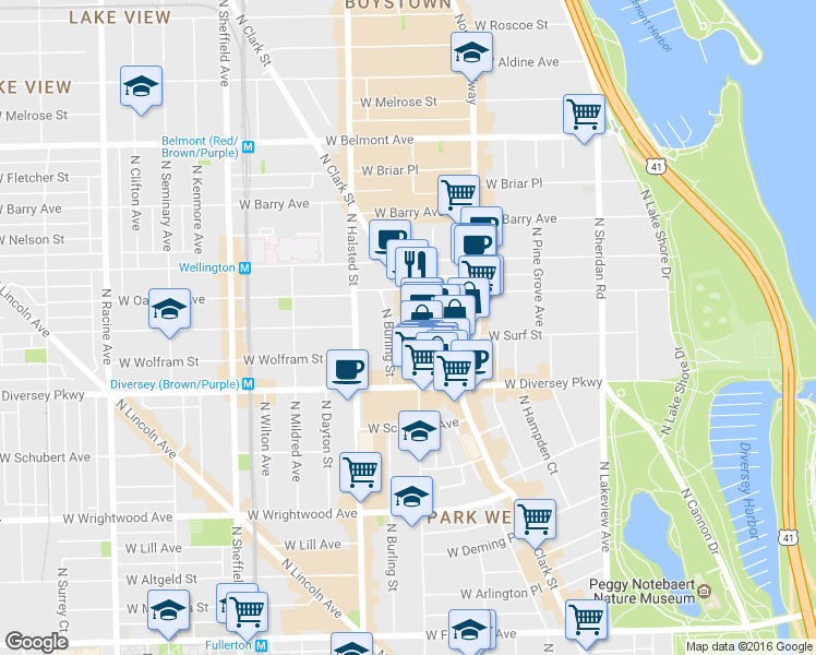 map of restaurants, bars, coffee shops, grocery stores, and more near 2848 North Orchard Street in Chicago