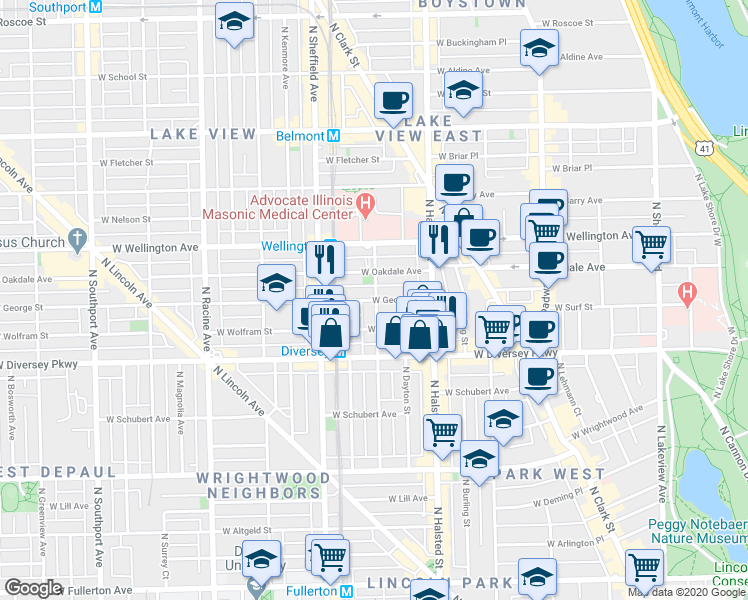 map of restaurants, bars, coffee shops, grocery stores, and more near in Chicago