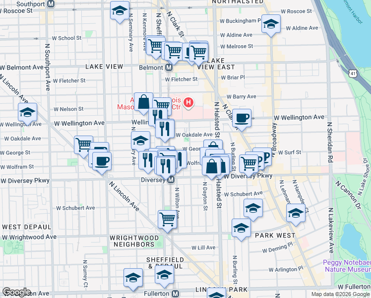map of restaurants, bars, coffee shops, grocery stores, and more near 924 West Wolfram Street in Chicago