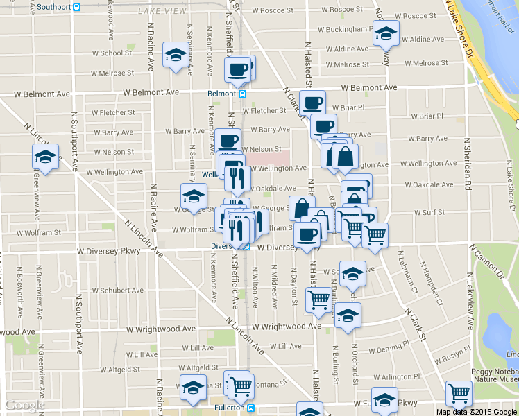 map of restaurants, bars, coffee shops, grocery stores, and more near 924 West Wolfram Street in Chicago