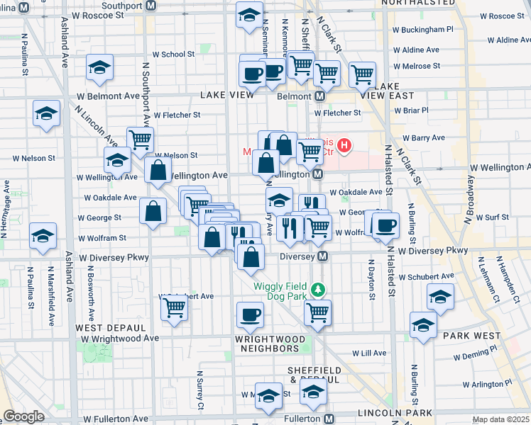 map of restaurants, bars, coffee shops, grocery stores, and more near 1115 West George Street in Chicago