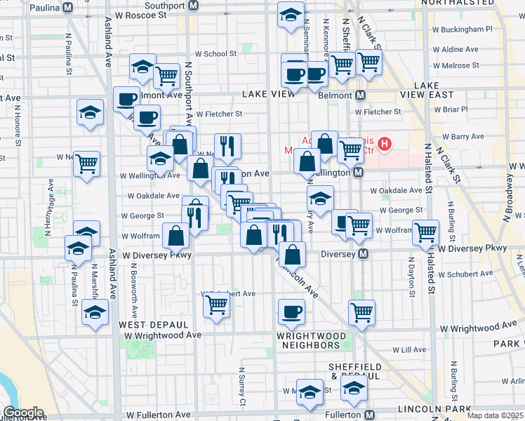 map of restaurants, bars, coffee shops, grocery stores, and more near 2853 North Lincoln Avenue in Chicago