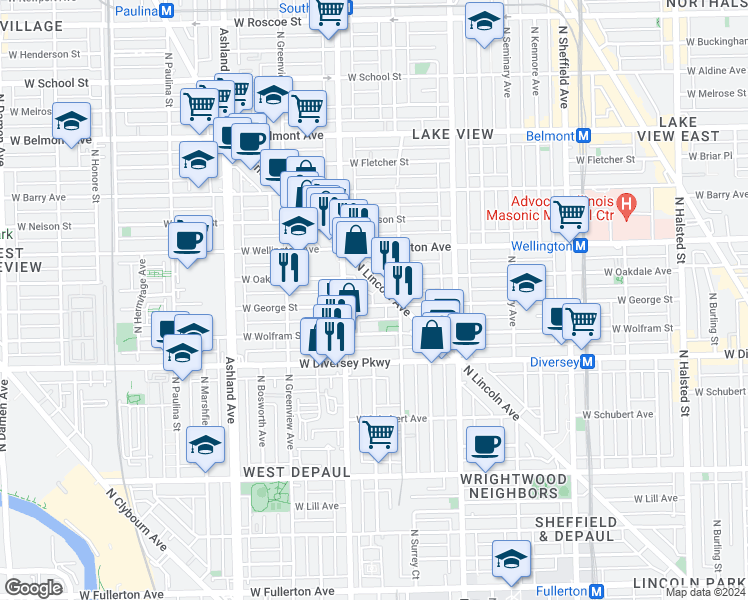 map of restaurants, bars, coffee shops, grocery stores, and more near 1343 West George Street in Chicago