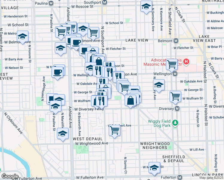 map of restaurants, bars, coffee shops, grocery stores, and more near 1343 West George Street in Chicago