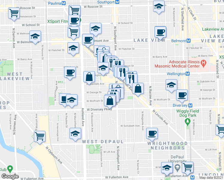 map of restaurants, bars, coffee shops, grocery stores, and more near 1415 West George Street in Chicago