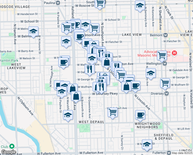 map of restaurants, bars, coffee shops, grocery stores, and more near 1415 West George Street in Chicago