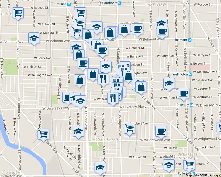 map of restaurants, bars, coffee shops, grocery stores, and more near 1415 West George Street in Chicago