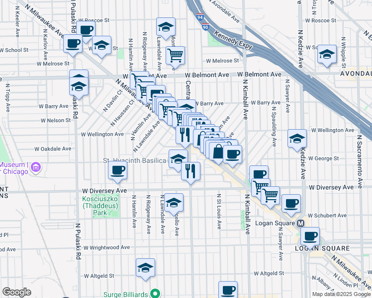 map of restaurants, bars, coffee shops, grocery stores, and more near 2905 North Central Park Avenue in Chicago