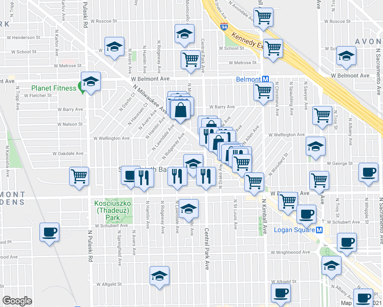 map of restaurants, bars, coffee shops, grocery stores, and more near 3630 West George Street in Chicago