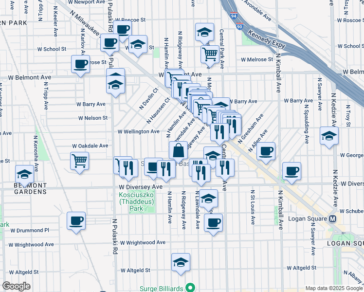 map of restaurants, bars, coffee shops, grocery stores, and more near 2902 North Ridgeway Avenue in Chicago