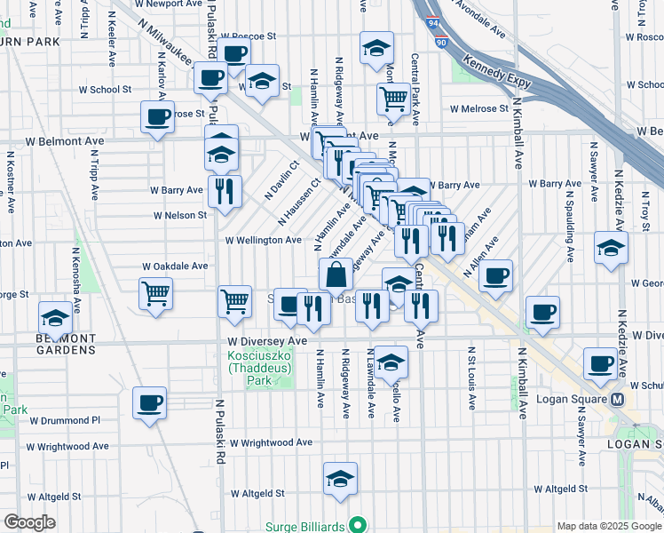 map of restaurants, bars, coffee shops, grocery stores, and more near 2902 North Ridgeway Avenue in Chicago