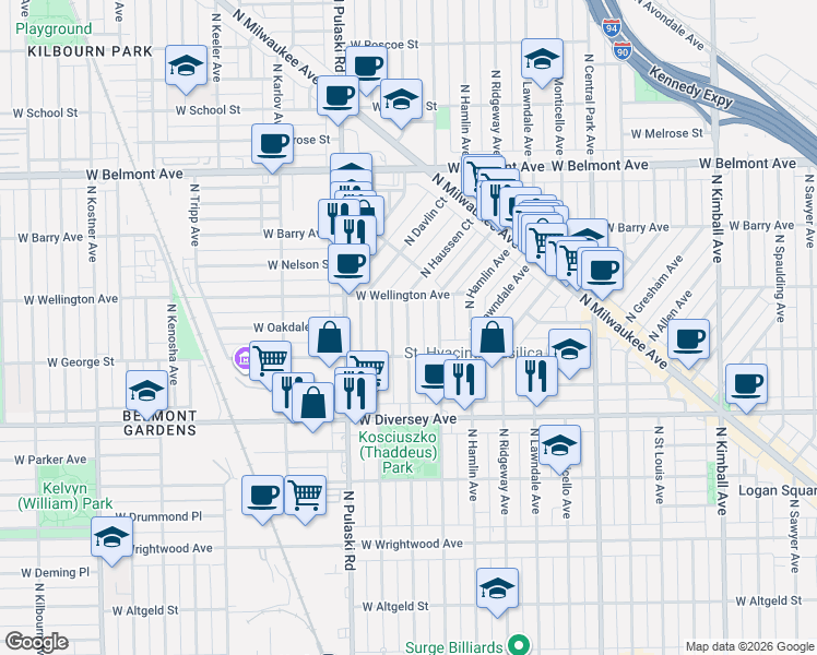 map of restaurants, bars, coffee shops, grocery stores, and more near 2907 North Springfield Avenue in Chicago