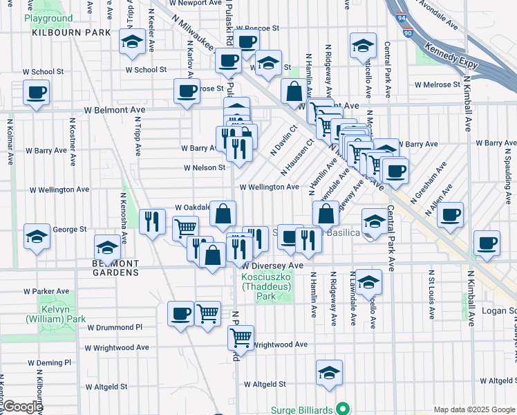 map of restaurants, bars, coffee shops, grocery stores, and more near 2910 North Harding Avenue in Chicago