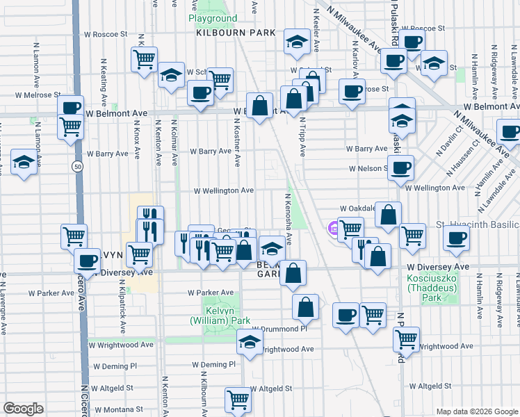map of restaurants, bars, coffee shops, grocery stores, and more near 2912 North Kildare Avenue in Chicago