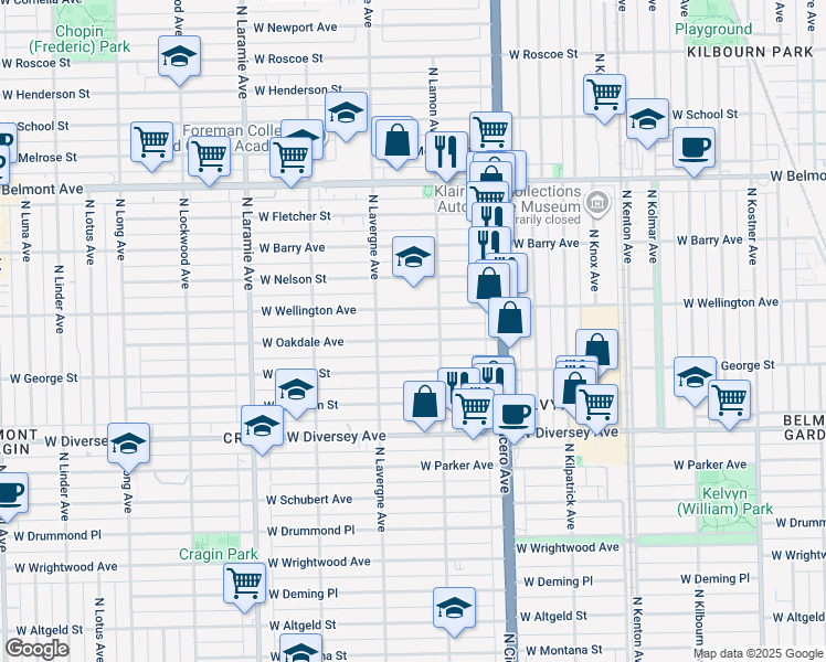 map of restaurants, bars, coffee shops, grocery stores, and more near 4921 West Oakdale Avenue in Chicago