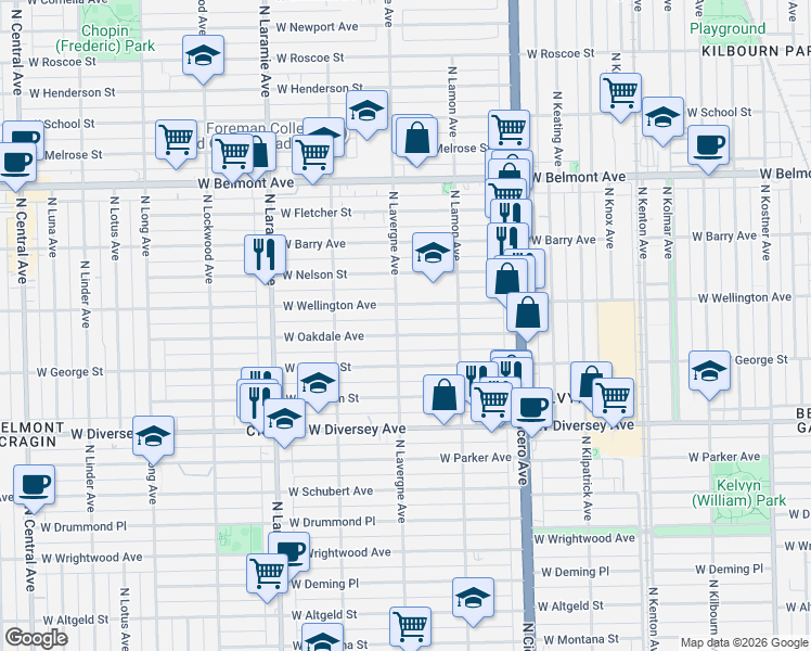 map of restaurants, bars, coffee shops, grocery stores, and more near 4957 West Oakdale Avenue in Chicago