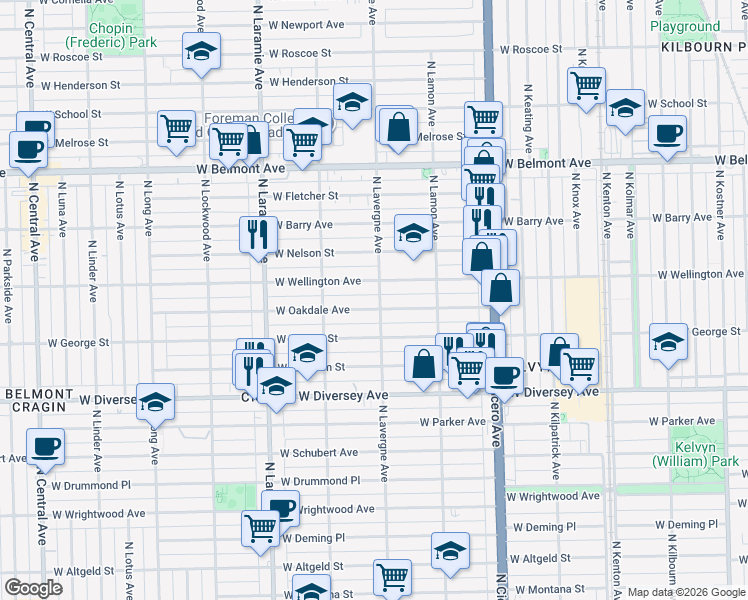 map of restaurants, bars, coffee shops, grocery stores, and more near 4957 West Oakdale Avenue in Chicago