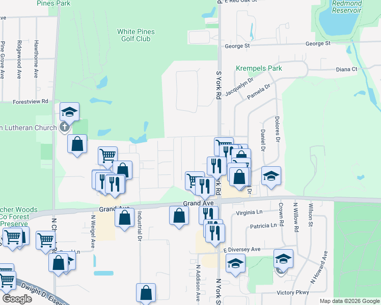 map of restaurants, bars, coffee shops, grocery stores, and more near 1036 Center Street in Bensenville