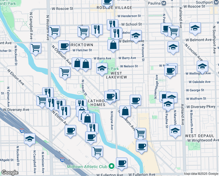 map of restaurants, bars, coffee shops, grocery stores, and more near 2911 North Seeley Avenue in Chicago