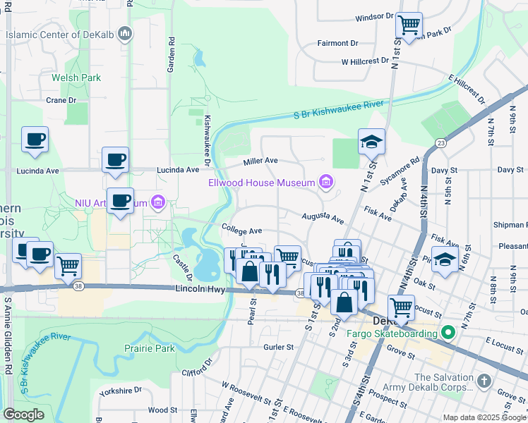 map of restaurants, bars, coffee shops, grocery stores, and more near 431 College Avenue in DeKalb