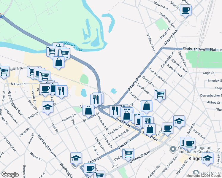 map of restaurants, bars, coffee shops, grocery stores, and more near 169 Albany Avenue in Kingston