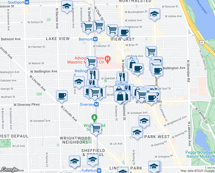 map of restaurants, bars, coffee shops, grocery stores, and more near 2900 North Mildred Avenue in Chicago