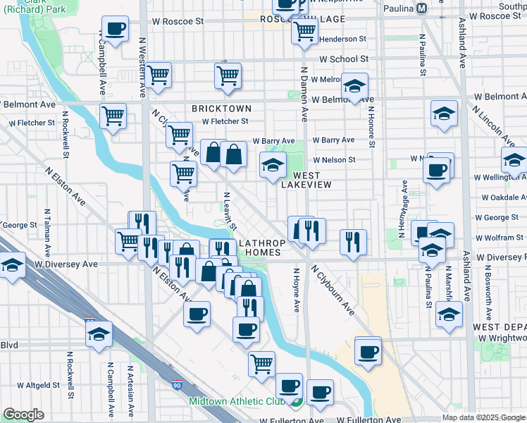 map of restaurants, bars, coffee shops, grocery stores, and more near in Chicago