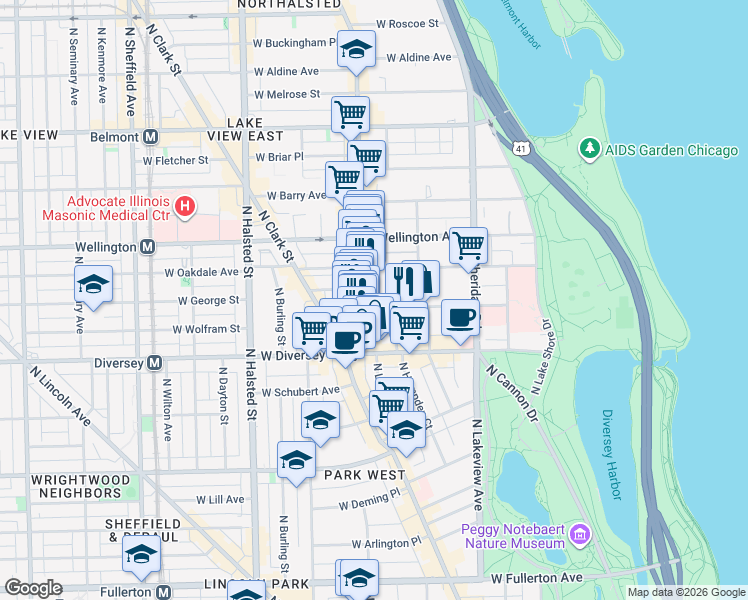 map of restaurants, bars, coffee shops, grocery stores, and more near 550 West Surf Street in Chicago