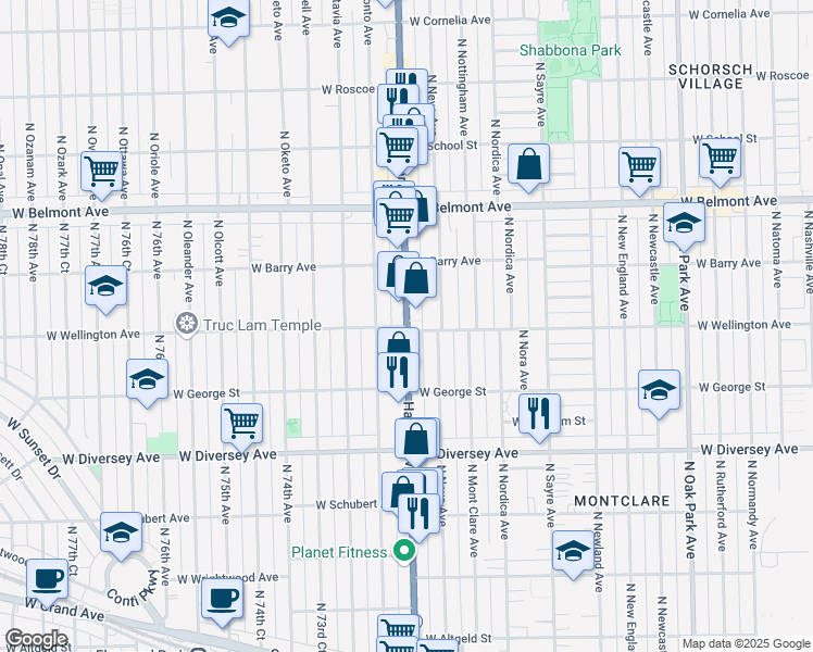 map of restaurants, bars, coffee shops, grocery stores, and more near North Harlem Avenue & West Wellington Avenue in Chicago