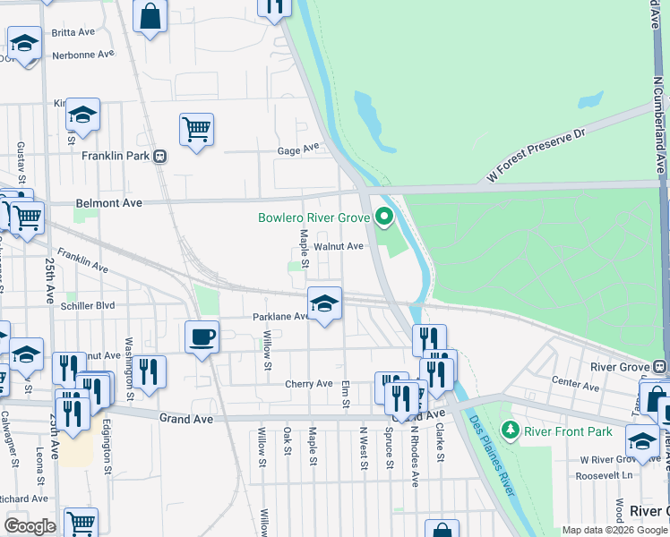 map of restaurants, bars, coffee shops, grocery stores, and more near 3038 Elm Street in Franklin Park