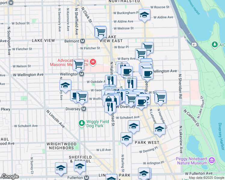 map of restaurants, bars, coffee shops, grocery stores, and more near N Halsted St & W George St in Chicago
