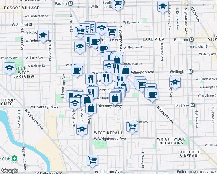 map of restaurants, bars, coffee shops, grocery stores, and more near 2853 North Greenview Avenue in Chicago