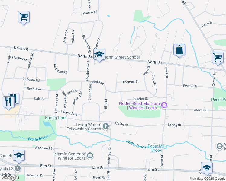 map of restaurants, bars, coffee shops, grocery stores, and more near 290 Reed Avenue in Windsor Locks
