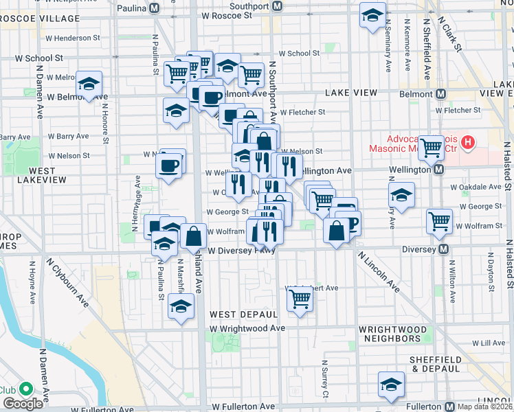 map of restaurants, bars, coffee shops, grocery stores, and more near 1415 West George Street in Chicago