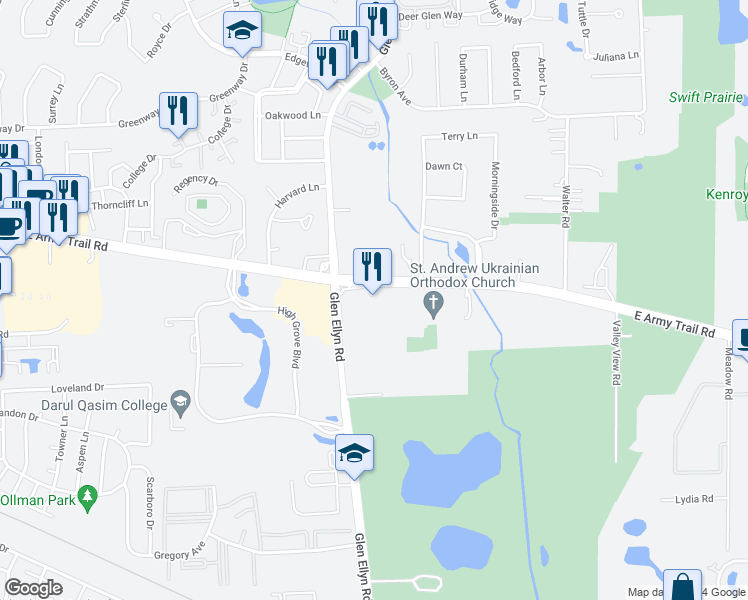map of restaurants, bars, coffee shops, grocery stores, and more near 22W421 Army Trail Road in Addison