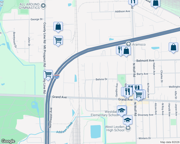 map of restaurants, bars, coffee shops, grocery stores, and more near 3054 Pearl Avenue in Melrose Park