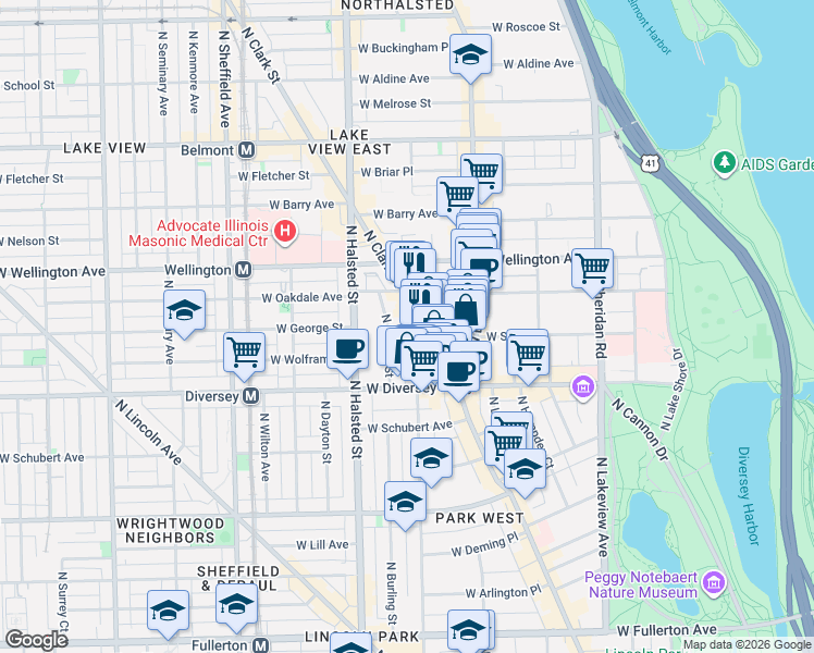 map of restaurants, bars, coffee shops, grocery stores, and more near 2848 North Orchard Street in Chicago