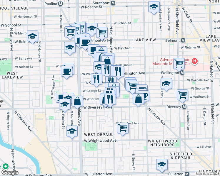 map of restaurants, bars, coffee shops, grocery stores, and more near 1415 West George Street in Chicago