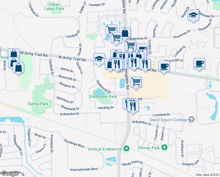 map of restaurants, bars, coffee shops, grocery stores, and more near 152 Gladstone Drive in Glendale Heights