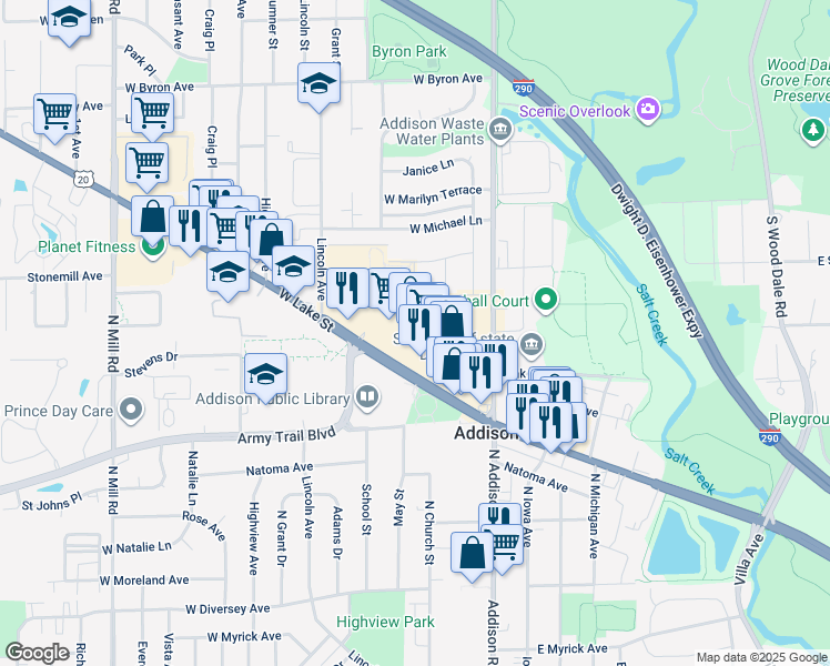 map of restaurants, bars, coffee shops, grocery stores, and more near 74 West Lake Street in Addison