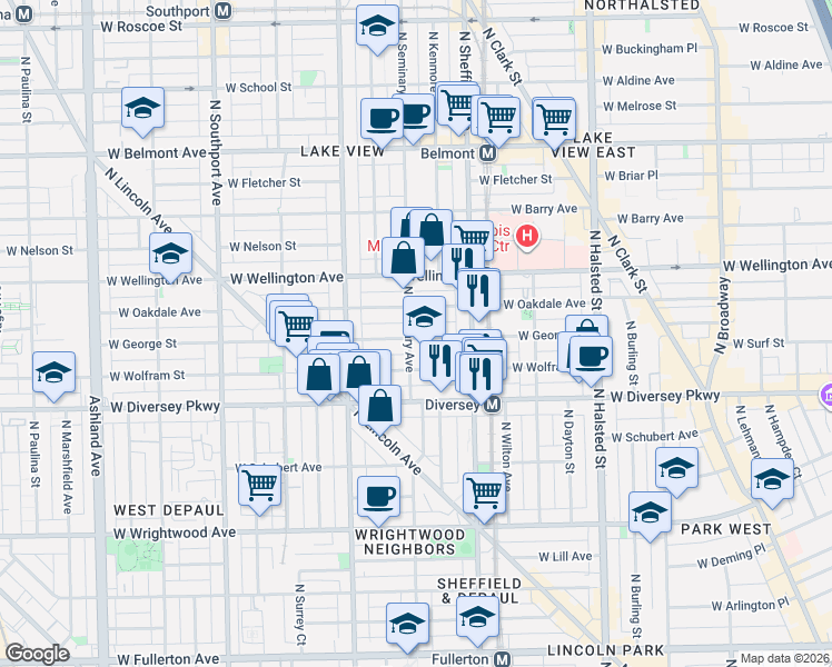 map of restaurants, bars, coffee shops, grocery stores, and more near 2901 North Seminary Avenue in Chicago