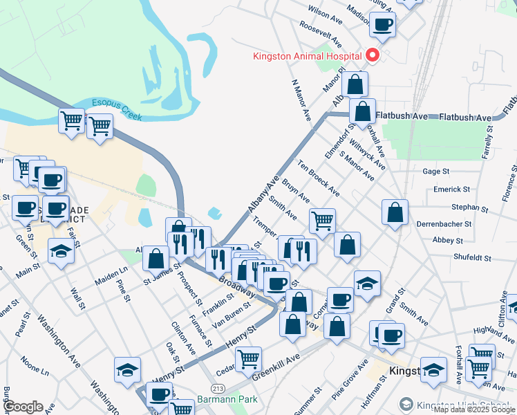 map of restaurants, bars, coffee shops, grocery stores, and more near 208 Albany Avenue in Kingston