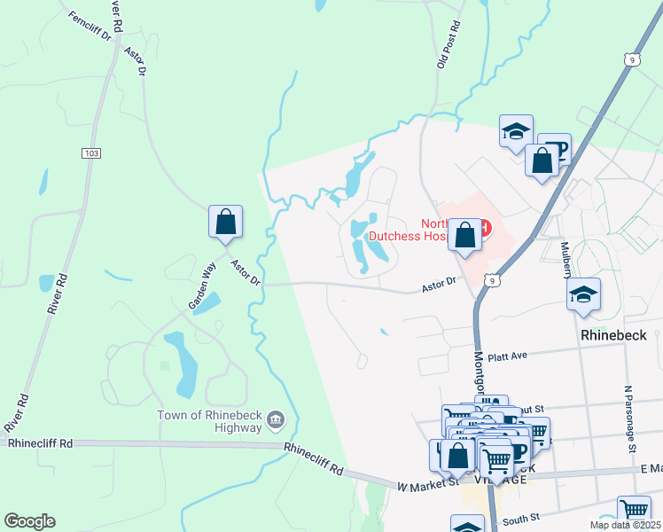 map of restaurants, bars, coffee shops, grocery stores, and more near 2 Pond Drive West in Rhinebeck