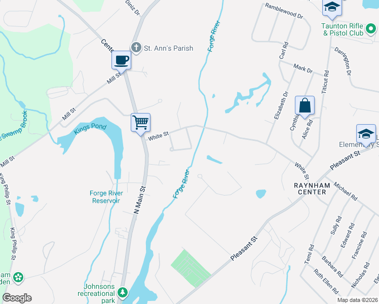 map of restaurants, bars, coffee shops, grocery stores, and more near 35 May Avenue in Raynham