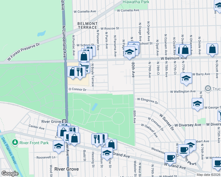 map of restaurants, bars, coffee shops, grocery stores, and more near 8133 Oconnor Drive in River Grove