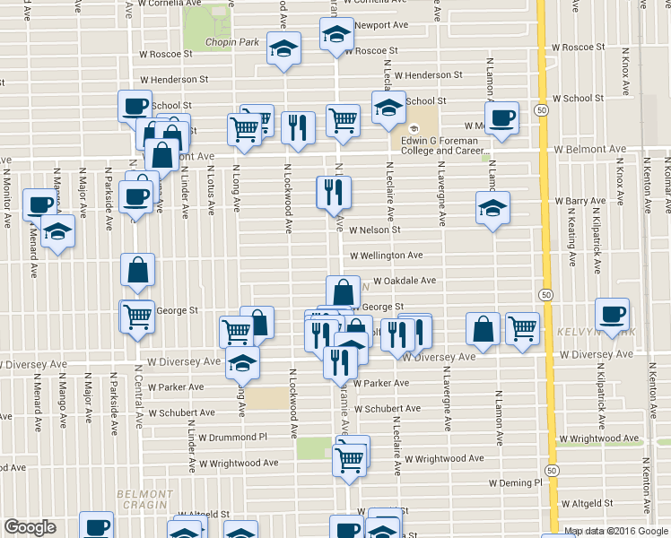 map of restaurants, bars, coffee shops, grocery stores, and more near 5225 West Oakdale Avenue in Chicago