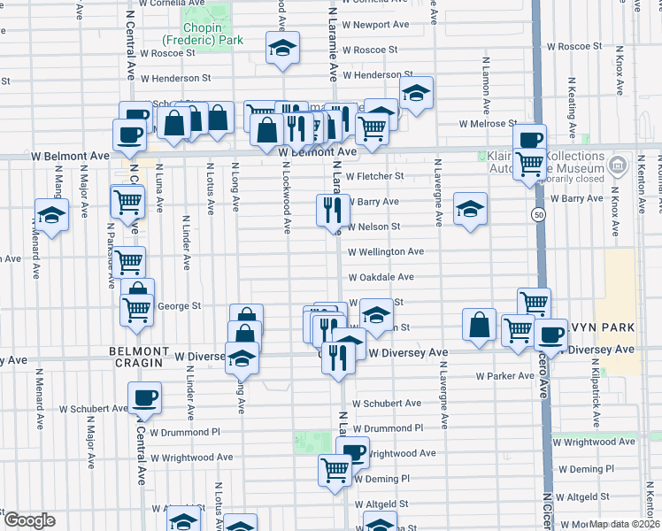 map of restaurants, bars, coffee shops, grocery stores, and more near 5225 West Oakdale Avenue in Chicago