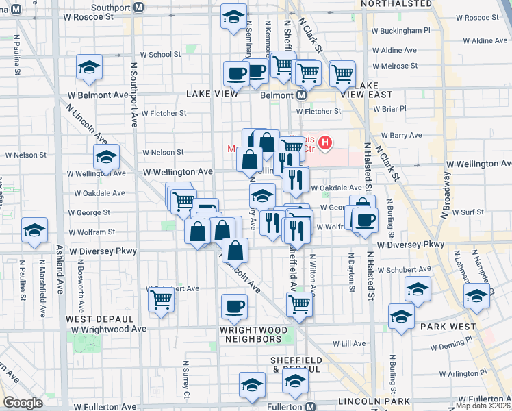 map of restaurants, bars, coffee shops, grocery stores, and more near 2901 North Seminary Avenue in Chicago